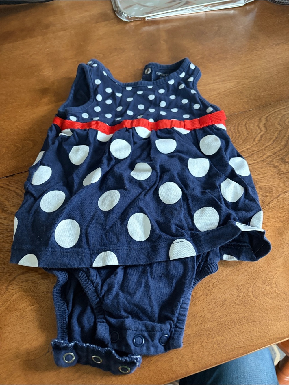 Carter's Navy and White Polka Dot Dress with Red Waist Ribbon